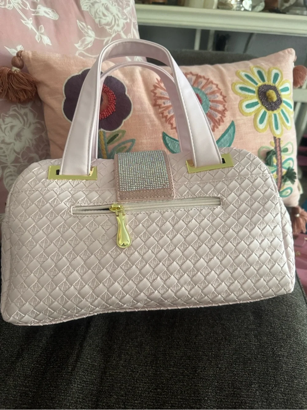 Elegant Pink Quilted Satchel with Crystal Buckle